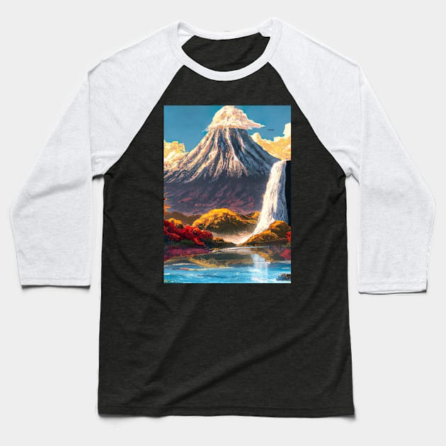 Japan Tower Waterfall Painting Baseball T-Shirt by maxcode